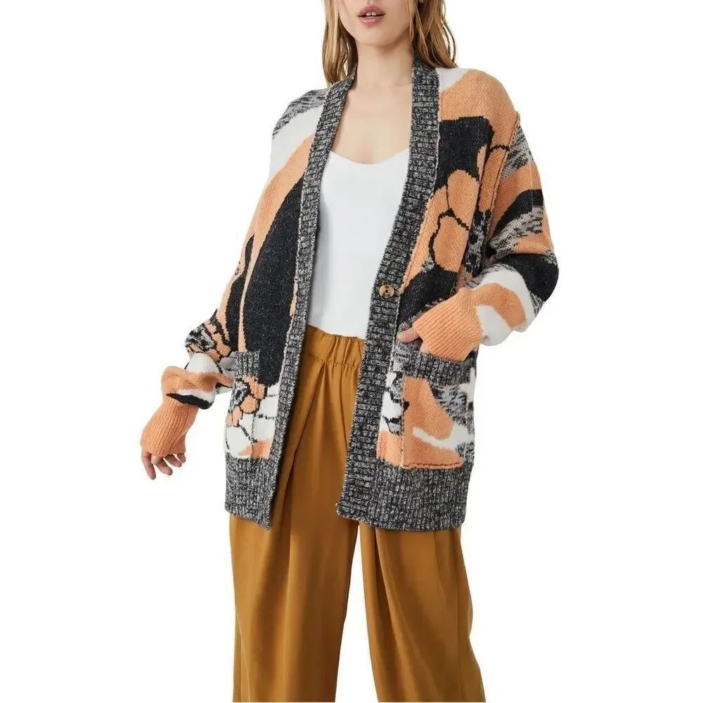 FREE PEOPLE AUGUST SZ LARGE CARDIGAN - PEACH PETALS COMBO